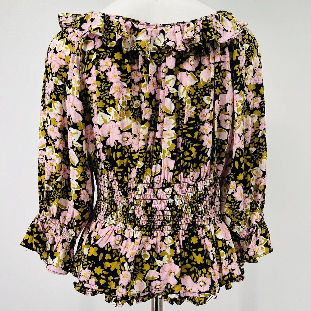 Free People Sweet Memories Black Multi Floral Print Ruffled Puff Sleeve Top - Picture 3 of 12